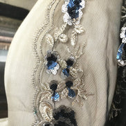 Light Gold Embroidery, Blue, Gold & Black Sequins on Black Tulle- 49