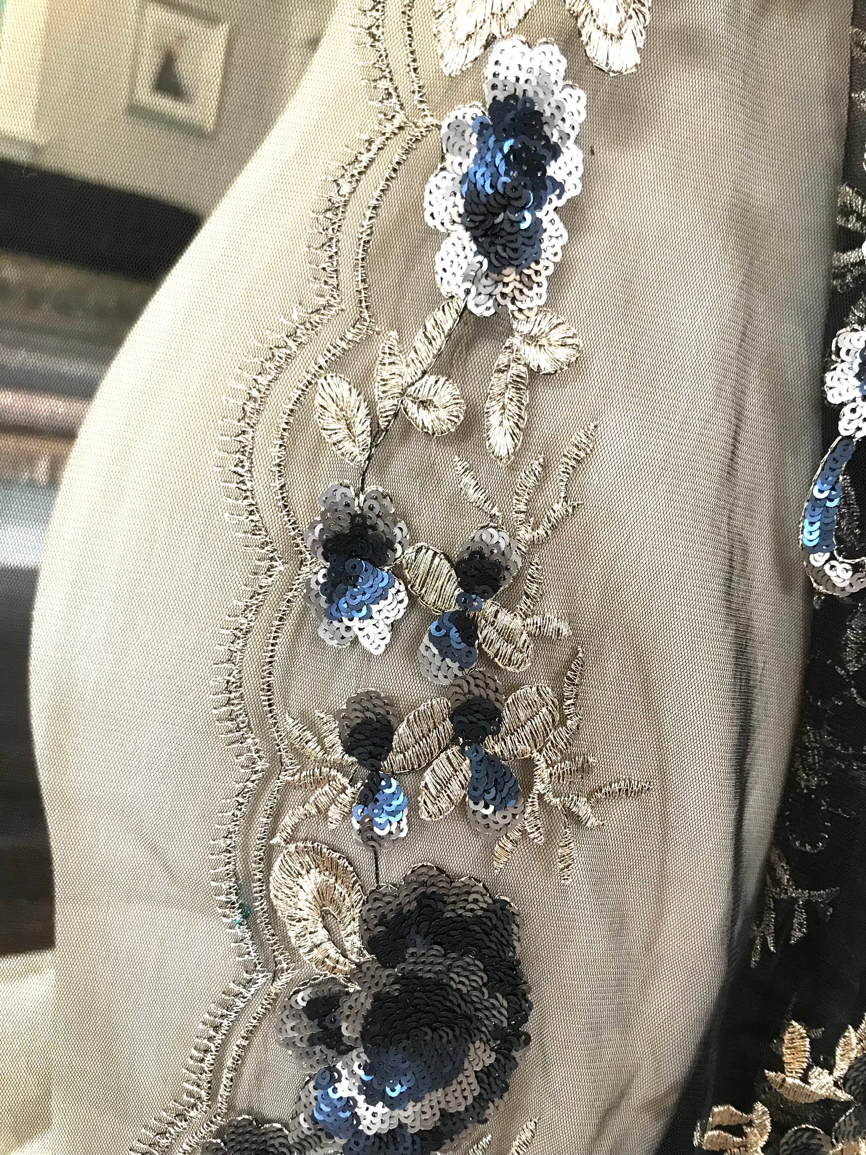 Light Gold Embroidery, Blue, Gold & Black Sequins on Black Tulle- 49