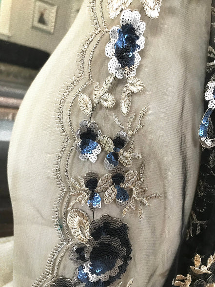 Light Gold Embroidery, Blue, Gold & Black Sequins on Black Tulle- 49" (121)