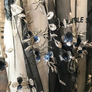 Light Gold Embroidery, Blue, Gold & Black Sequins on Black Tulle- 49