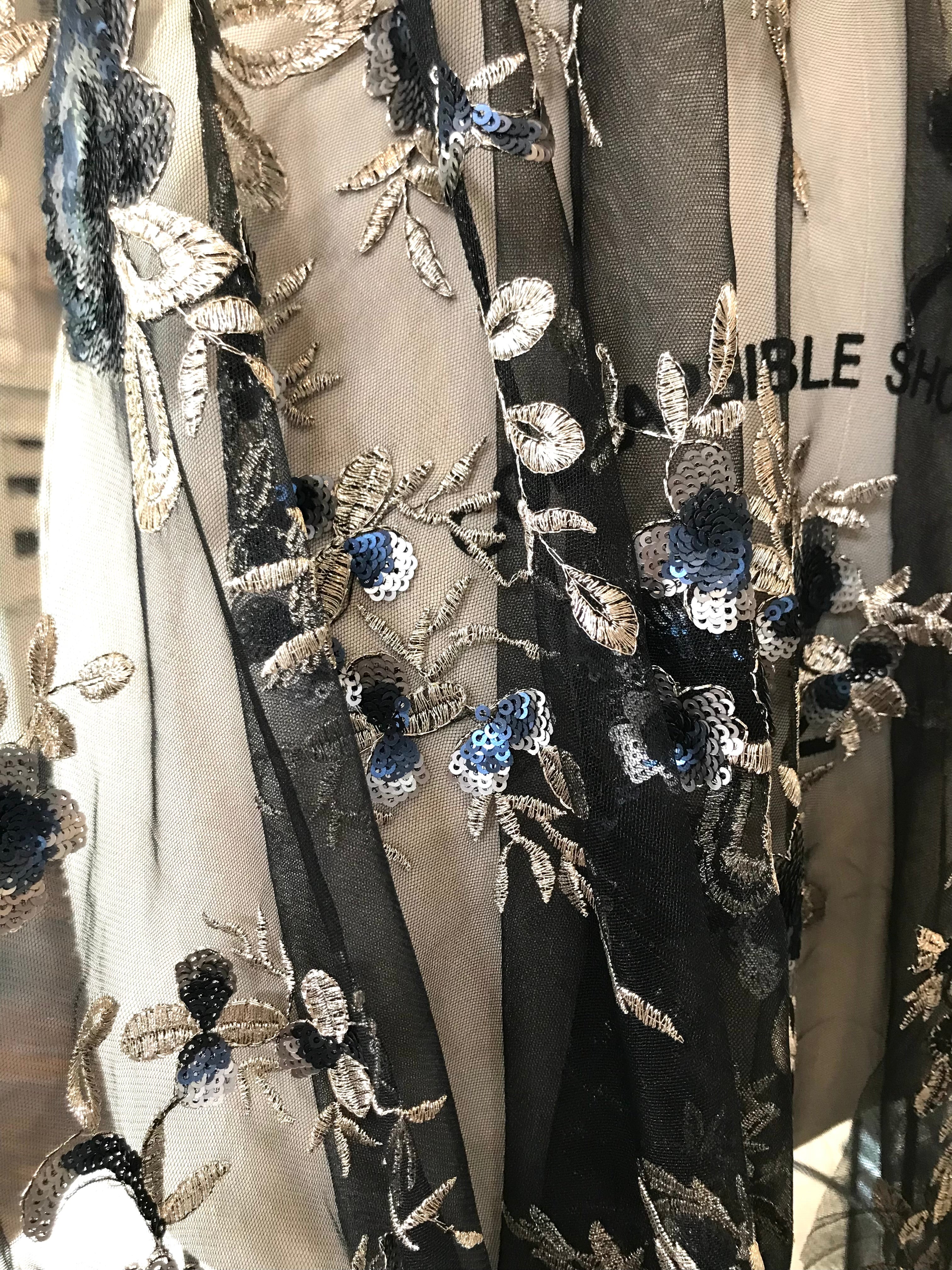 Light Gold Embroidery, Blue, Gold & Black Sequins on Black Tulle- 49