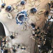 Light Gold Embroidery, Blue, Gold & Black Sequins on Black Tulle- 49
