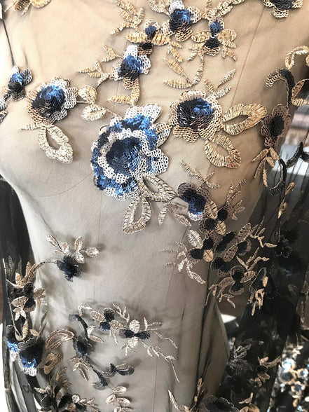 Light Gold Embroidery, Blue, Gold & Black Sequins on Black Tulle- 49" (121)