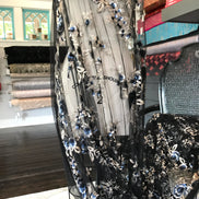 Light Gold Embroidery, Blue, Gold & Black Sequins on Black Tulle- 49