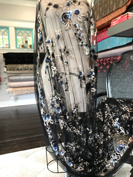 Light Gold Embroidery, Blue, Gold & Black Sequins on Black Tulle- 49" (121)