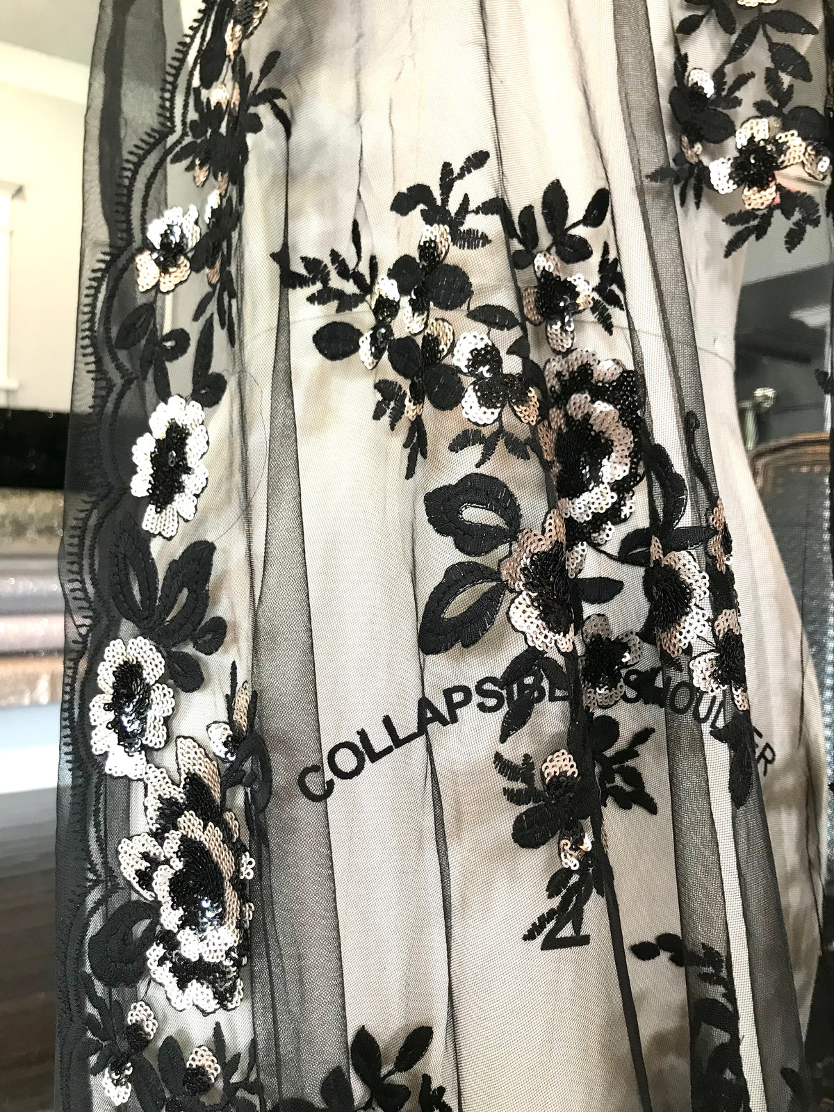 Black Embroidery, Gold & Black Sequins on Black Tulle- 49