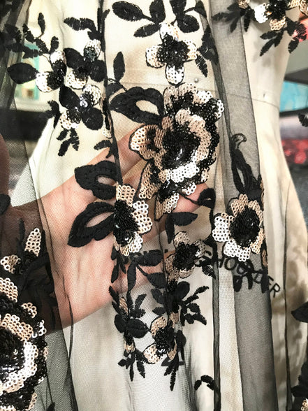Black Embroidery, Gold & Black Sequins on Black Tulle- 49" (122)