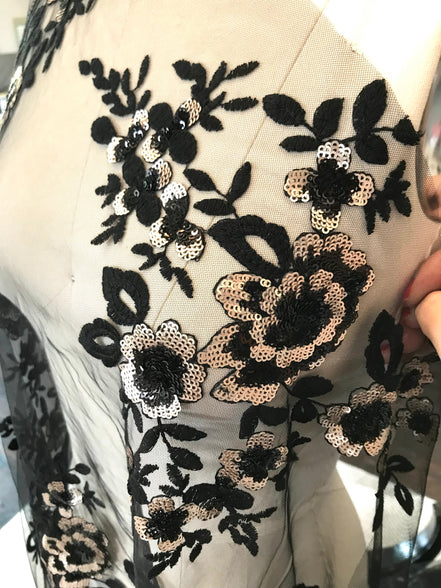 Black Embroidery, Gold & Black Sequins on Black Tulle- 49" (122)