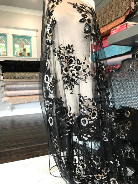 Black Embroidery, Gold & Black Sequins on Black Tulle- 49" (122)