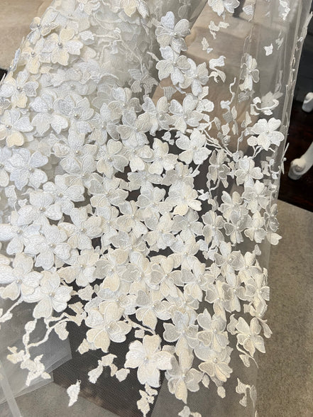 Off White 3D Floral, Pearls- European Embroidered Tulle- 52" (511)