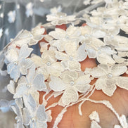Off White 3D Floral, Pearls- European Embroidered Tulle- 52