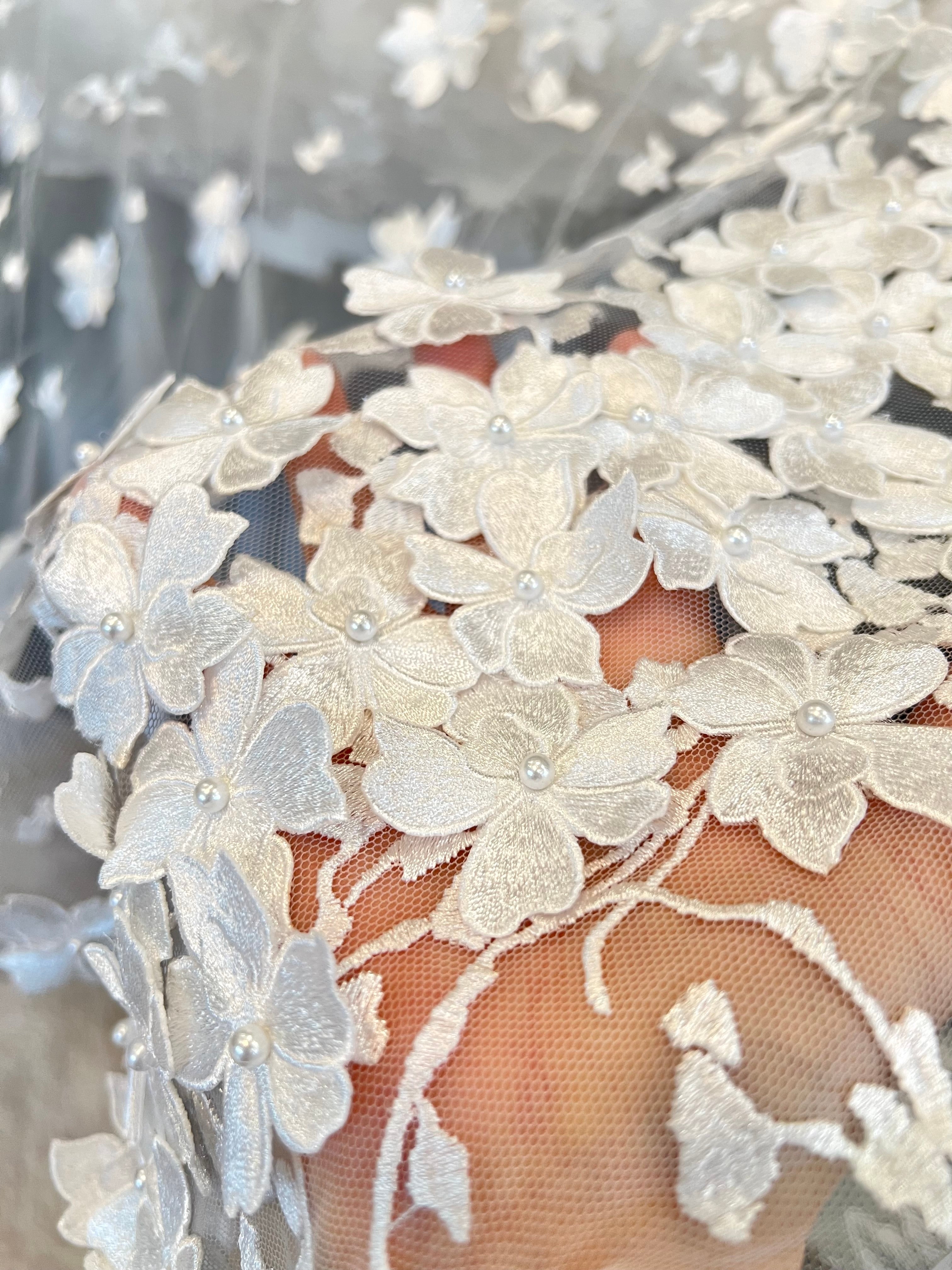 Off White 3D Floral, Pearls- European Embroidered Tulle- 52