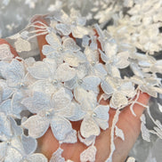 Off White 3D Floral, Pearls- European Embroidered Tulle- 52