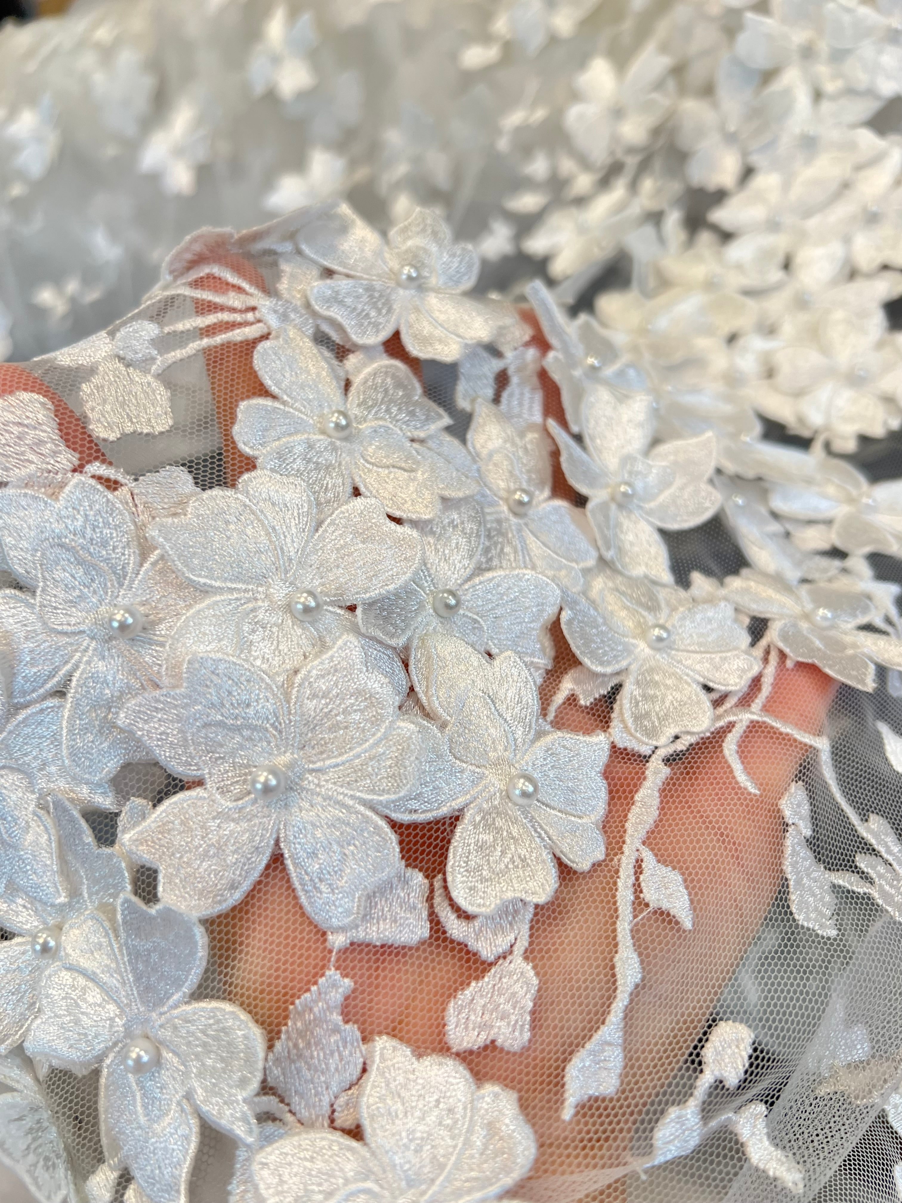 Off White 3D Floral, Pearls- European Embroidered Tulle- 52