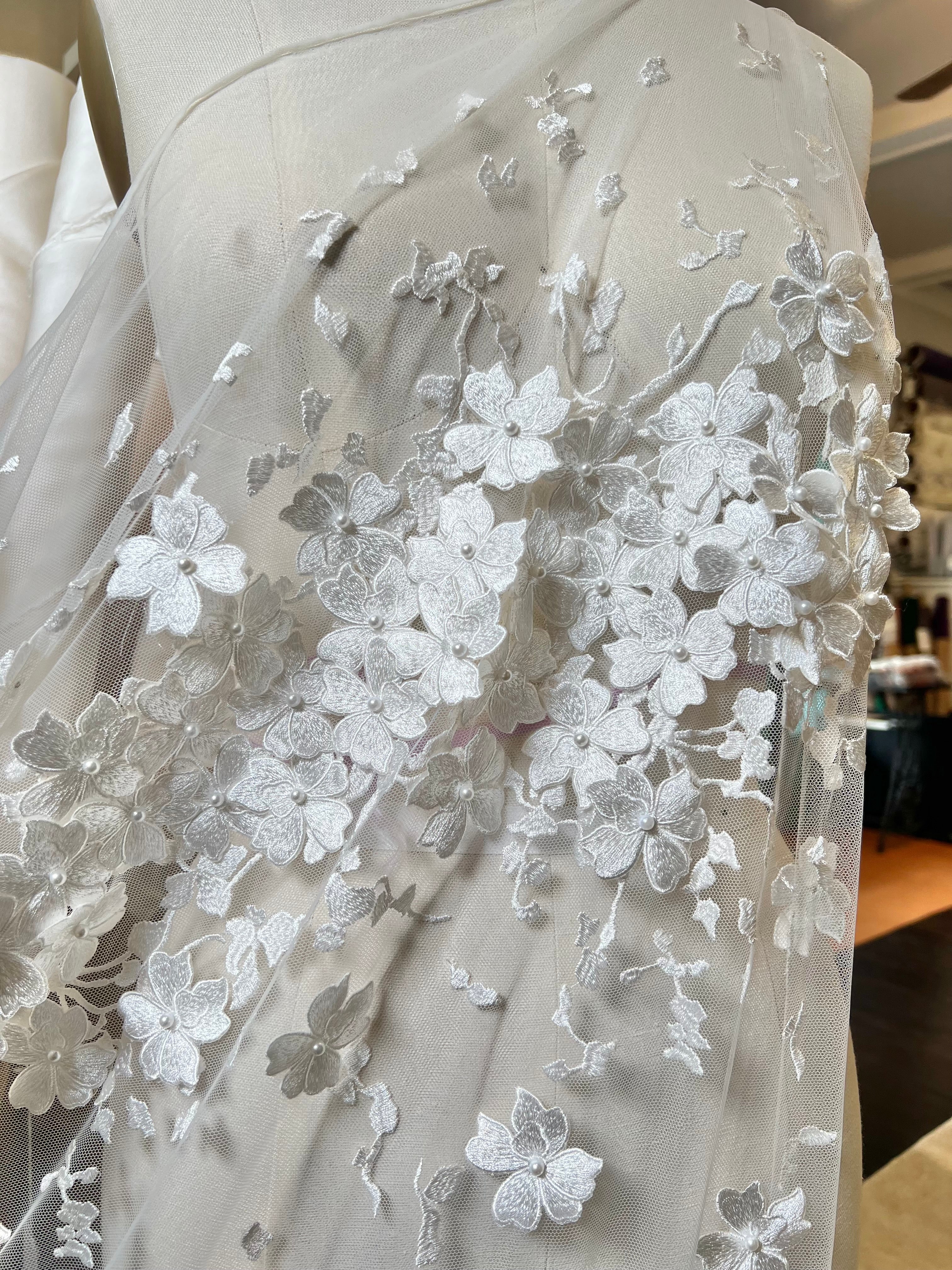Off White 3D Floral, Pearls- European Embroidered Tulle- 52