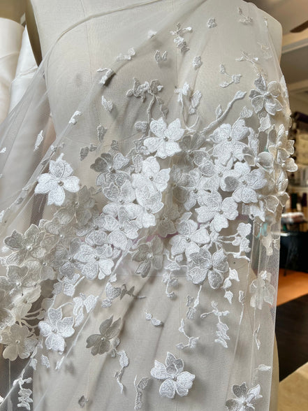 Off White 3D Floral, Pearls- European Embroidered Tulle- 52" (511)