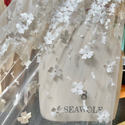 Off White 3D Floral, Pearls- European Embroidered Tulle- 52