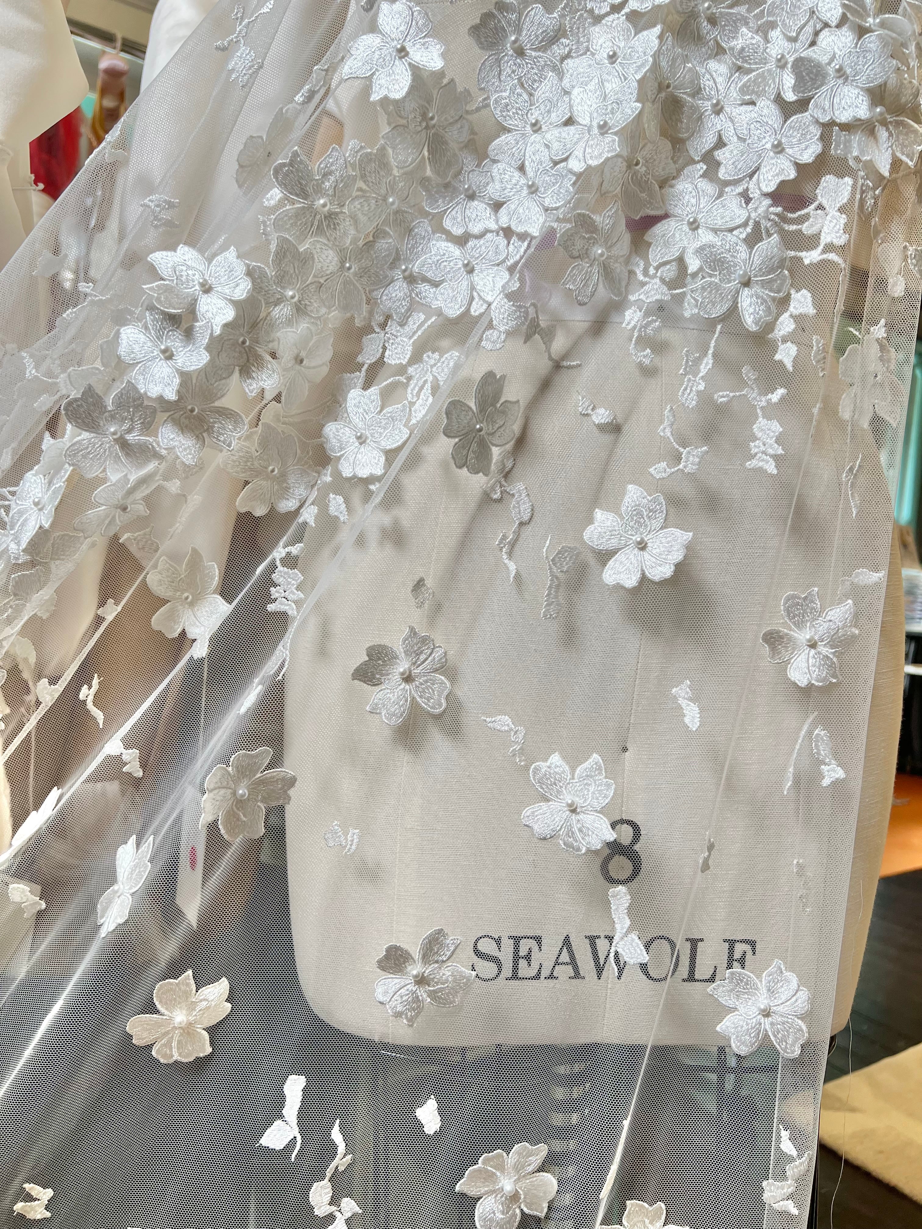 Off White 3D Floral, Pearls- European Embroidered Tulle- 52