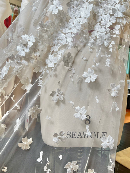 Off White 3D Floral, Pearls- European Embroidered Tulle- 52" (511)