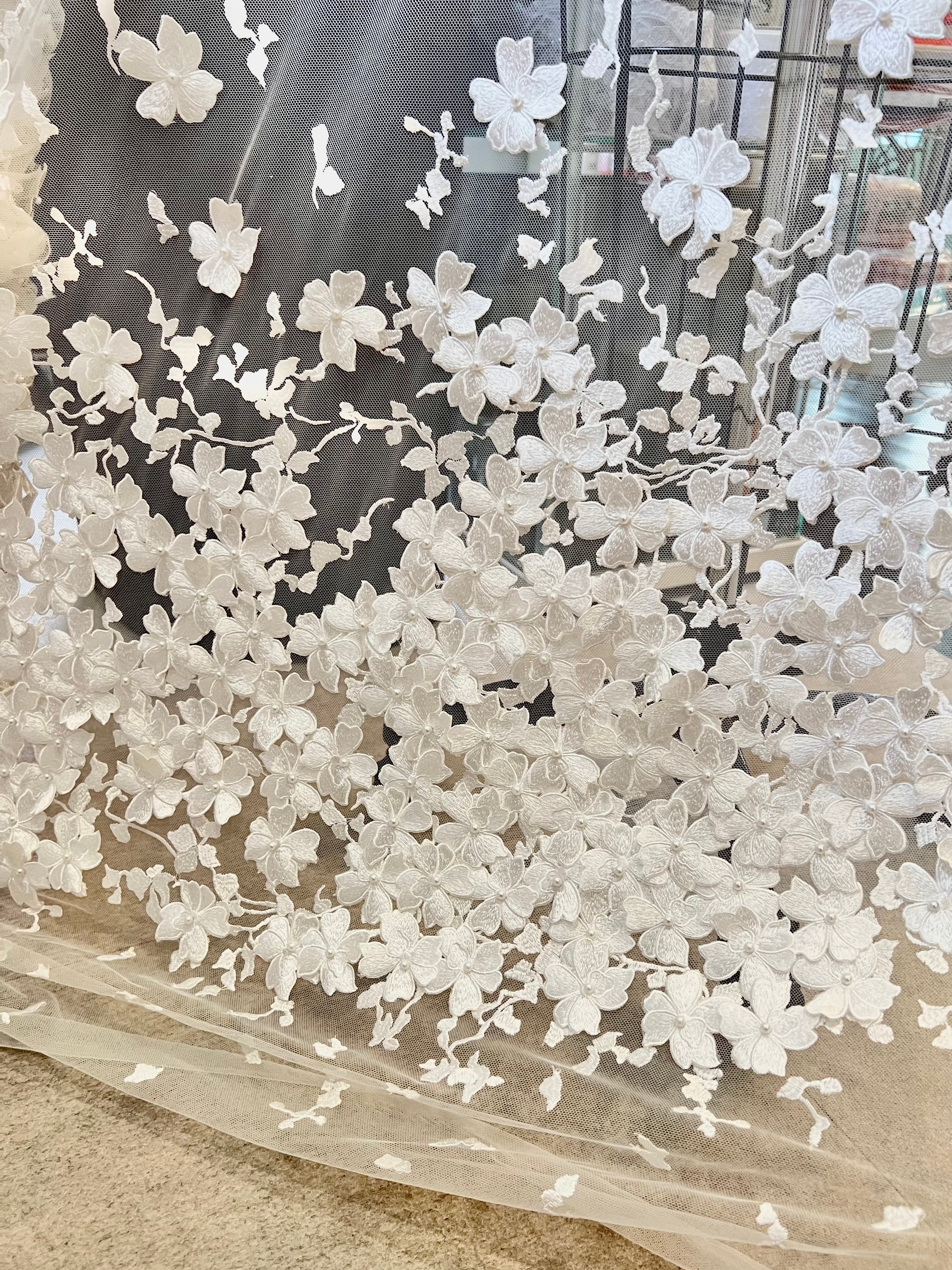 Off White 3D Floral, Pearls- European Embroidered Tulle- 52