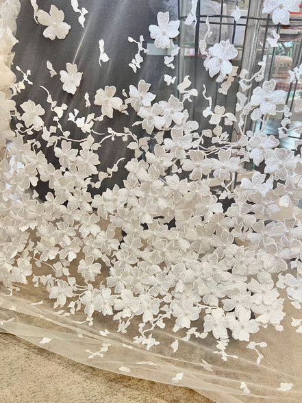 Off White 3D Floral, Pearls- European Embroidered Tulle- 52" (511)