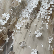 Off White 3D Floral, Pearls- European Embroidered Tulle- 52