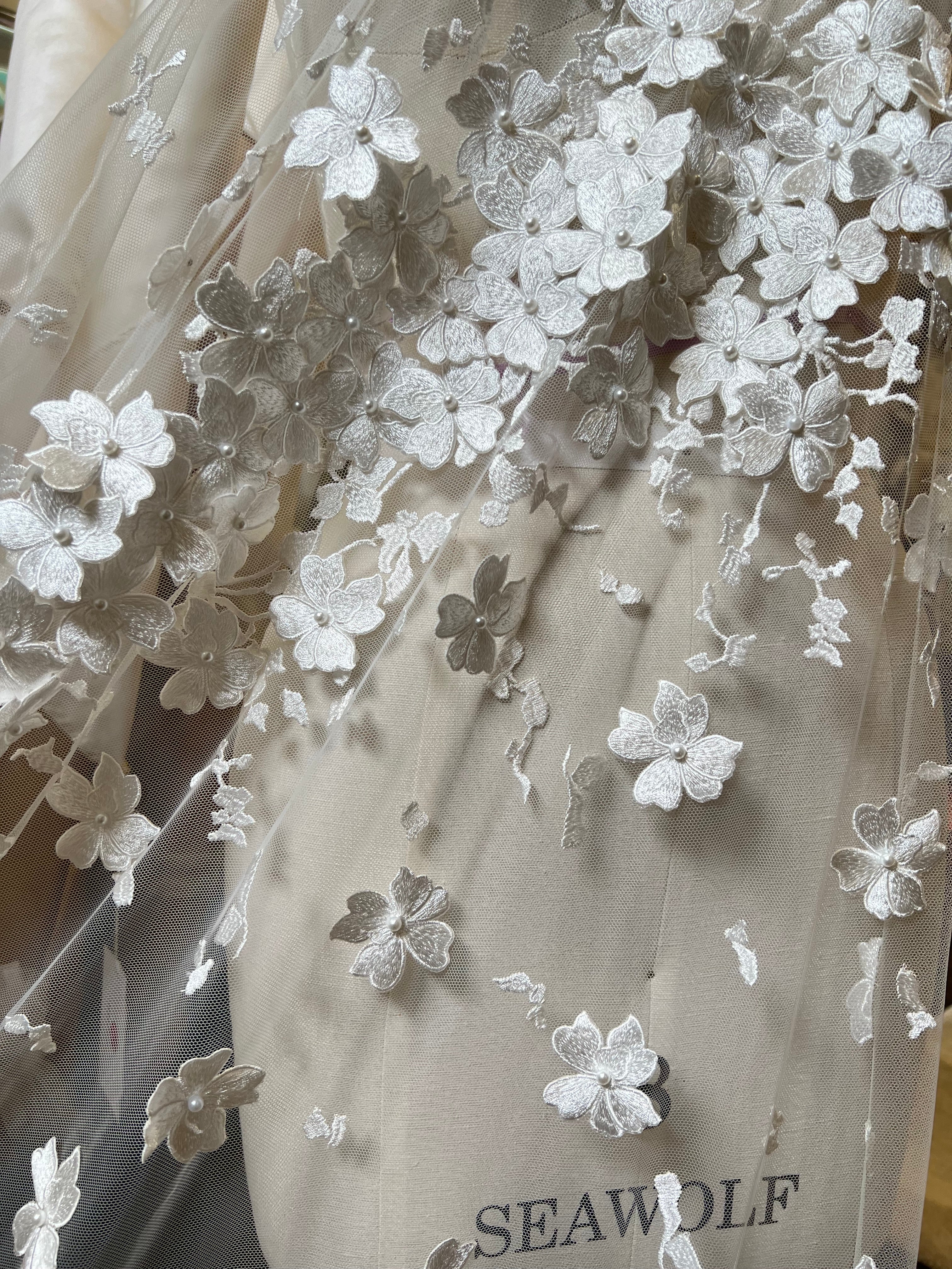 Off White 3D Floral, Pearls- European Embroidered Tulle- 52