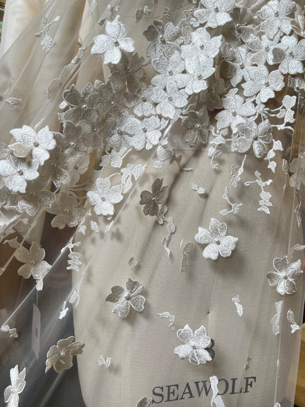 Off White 3D Floral, Pearls- European Embroidered Tulle- 52" (511)