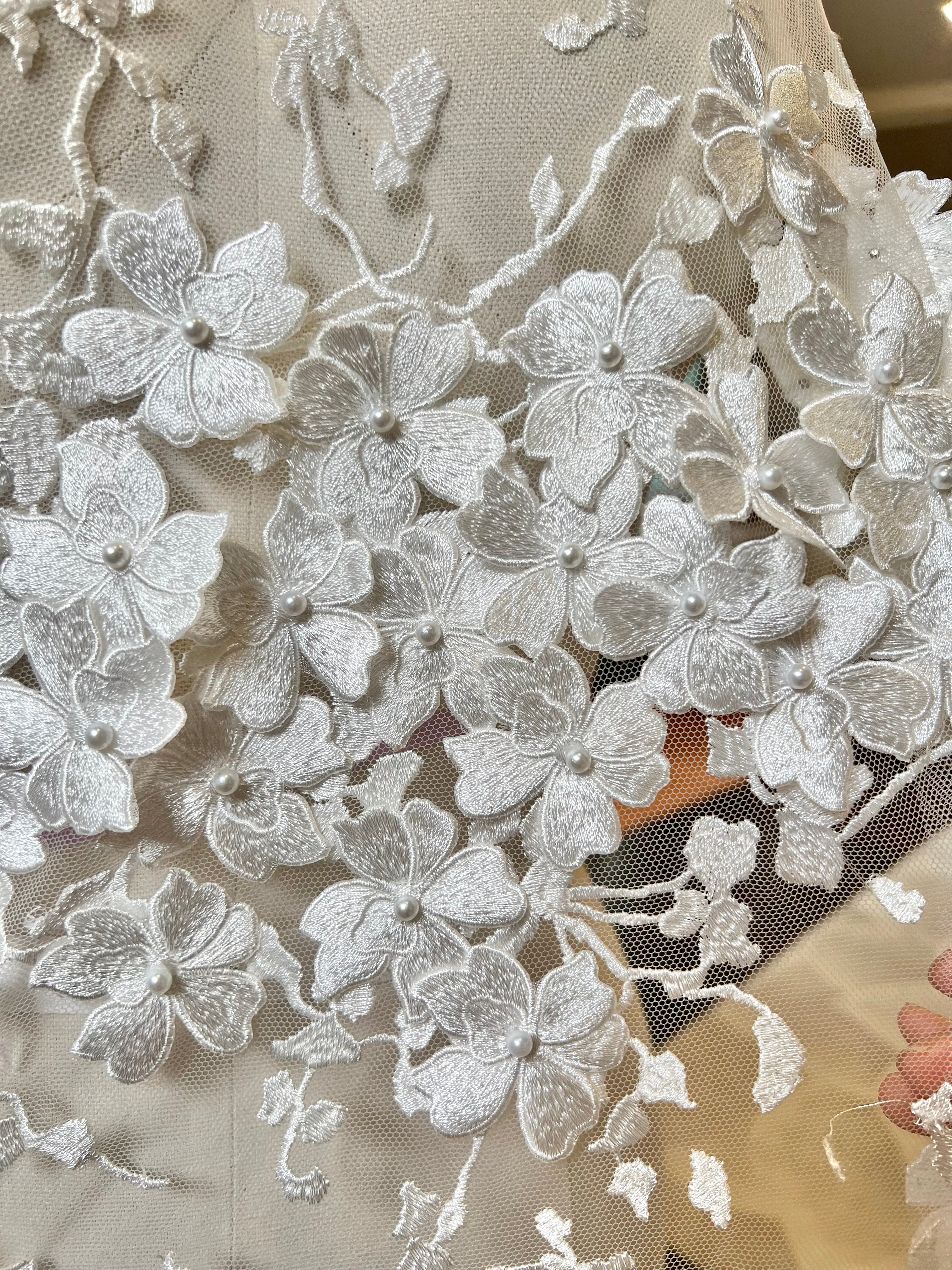Off White 3D Floral, Pearls- European Embroidered Tulle- 52
