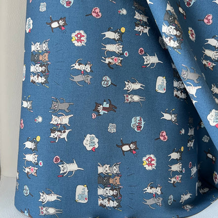 Funny Cats on Blue Cotton Fabric- Kokka- Japanese- 44” Wide