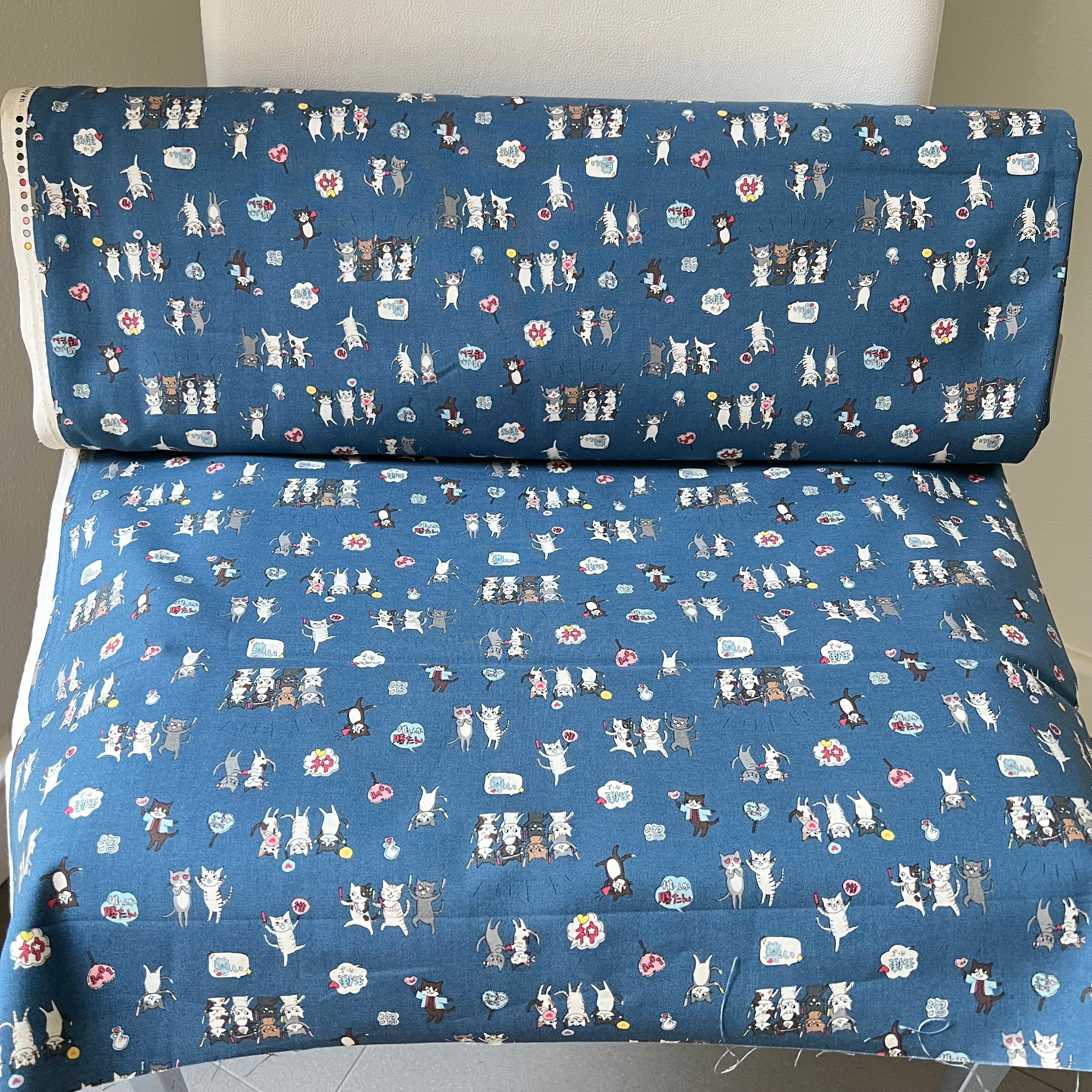 Funny Cats on Blue Cotton Fabric- Kokka- Japanese- 44” Wide