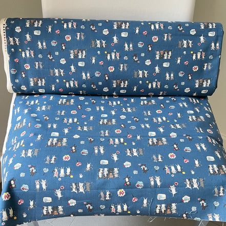 Funny Cats on Blue Cotton Fabric- Kokka- Japanese- 44” Wide