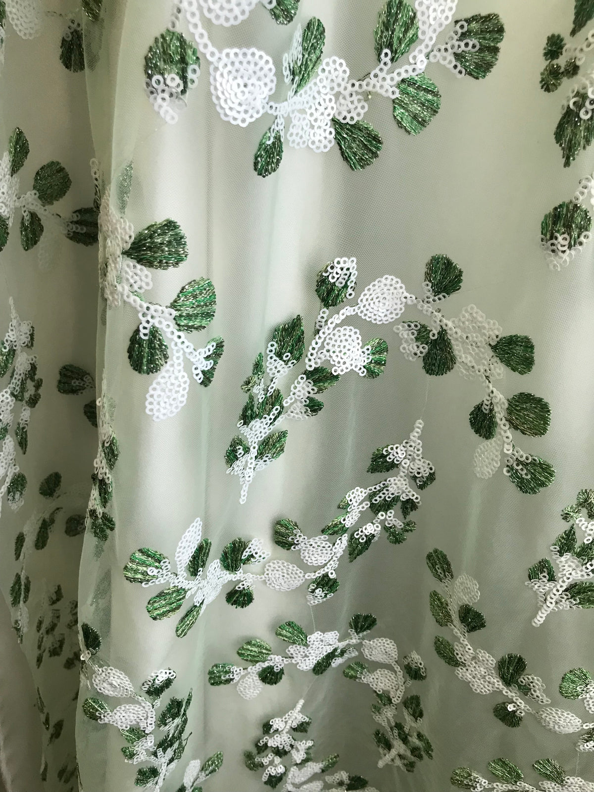 Green Embroidery and White Sequins on Tulle- 48