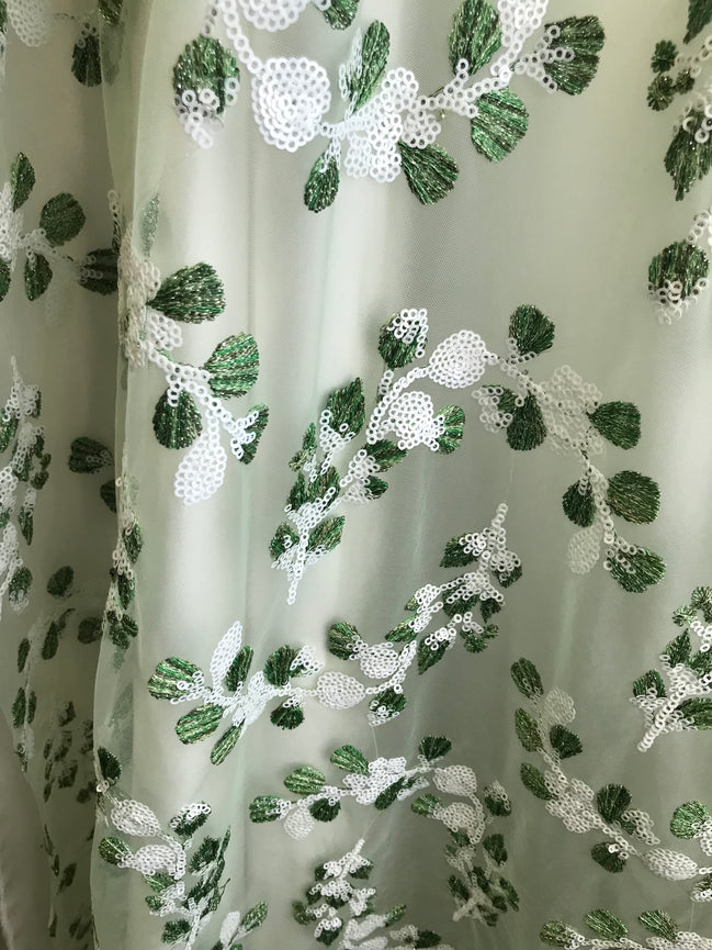 Green Embroidery and White Sequins on Tulle- 48" (113)