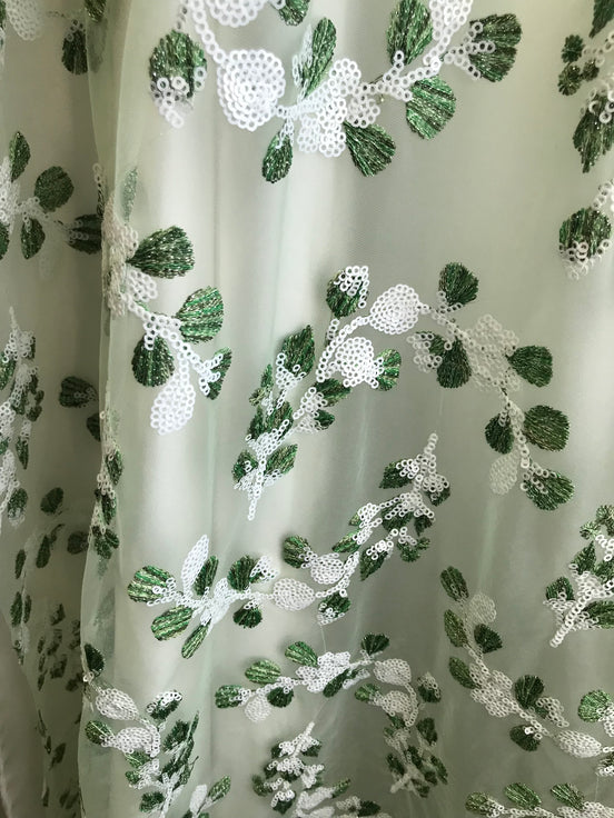 Green Embroidery and White Sequins on Tulle- 48" (113)