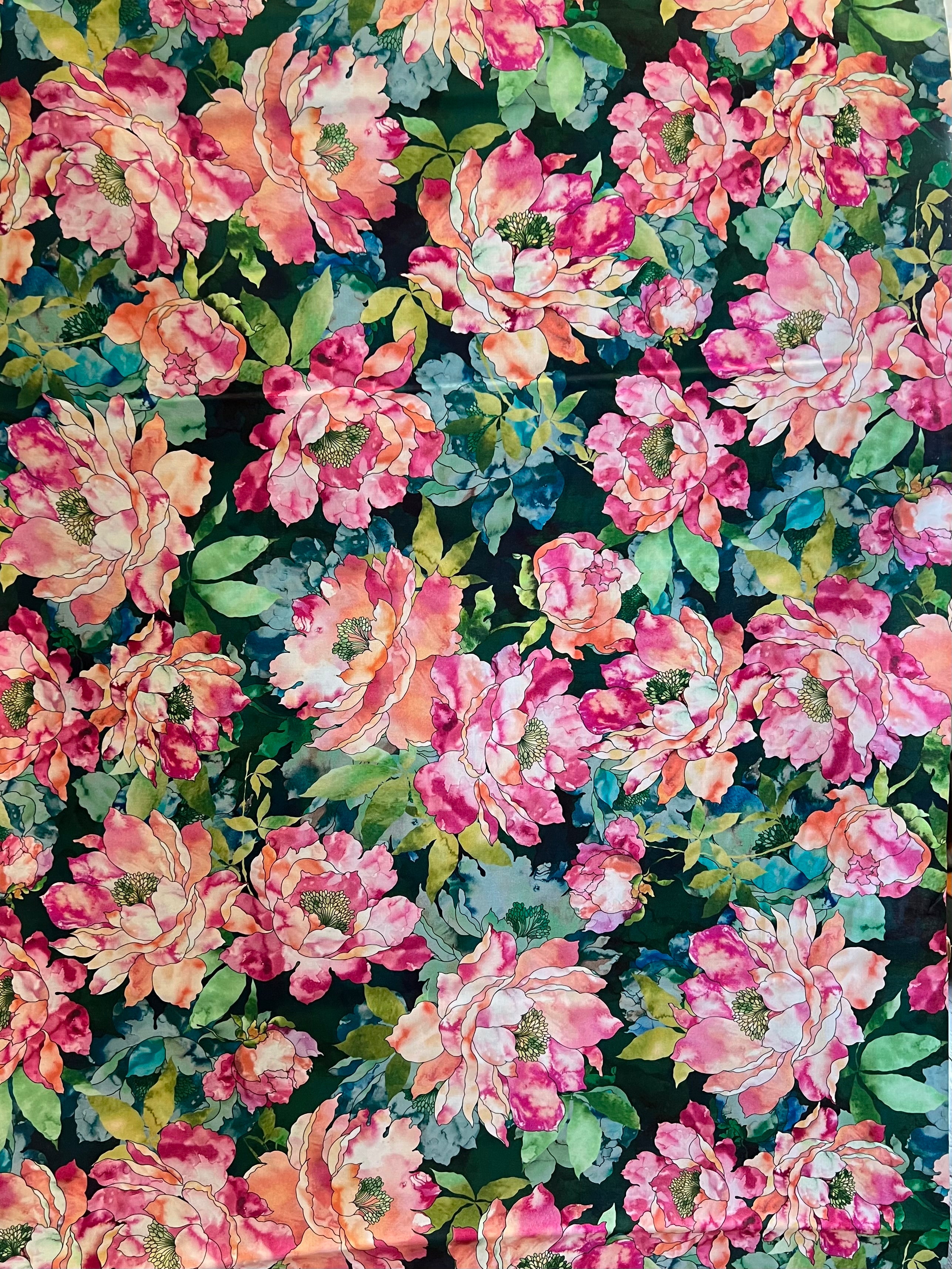 Fuchsia, Coral, Teal on Hunter Green, Large Florals- 44” Wide Cotton Fabric- “Cypress