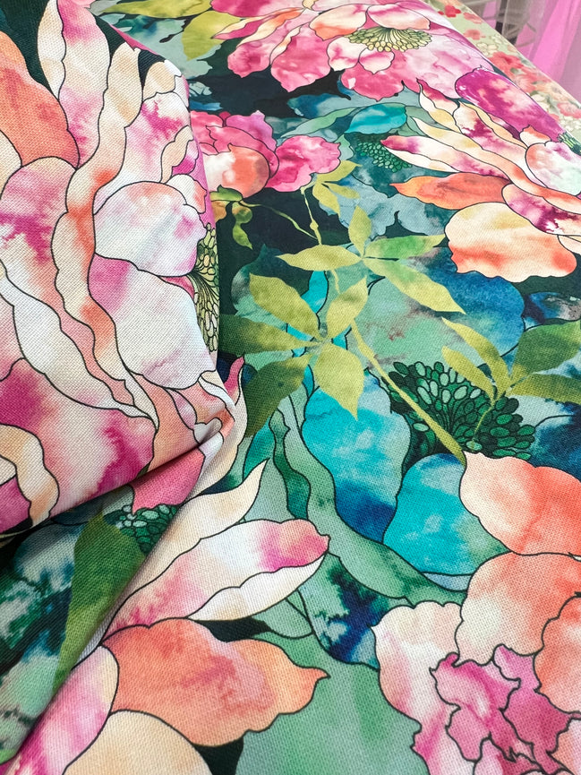 Fuchsia, Coral, Teal on Hunter Green, Large Florals- 44” Wide Cotton Fabric- “Cypress"