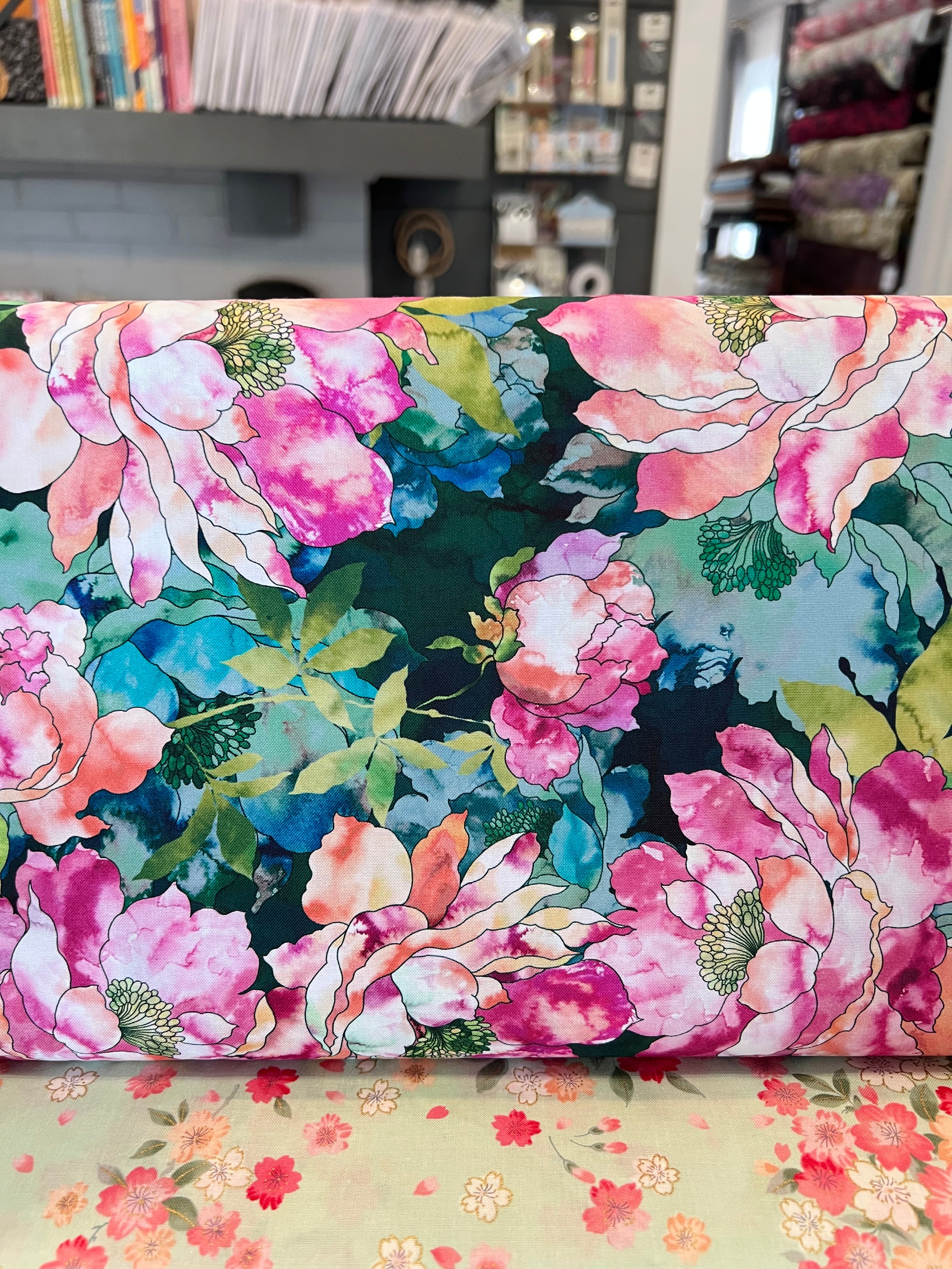 Fuchsia, Coral, Teal on Hunter Green, Large Florals- 44” Wide Cotton Fabric- “Cypress