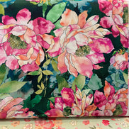 Fuchsia, Coral, Teal on Hunter Green, Large Florals- 44” Wide Cotton Fabric- “Cypress
