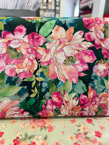 Fuchsia, Coral, Teal on Hunter Green, Large Florals- 44” Wide Cotton Fabric- “Cypress"