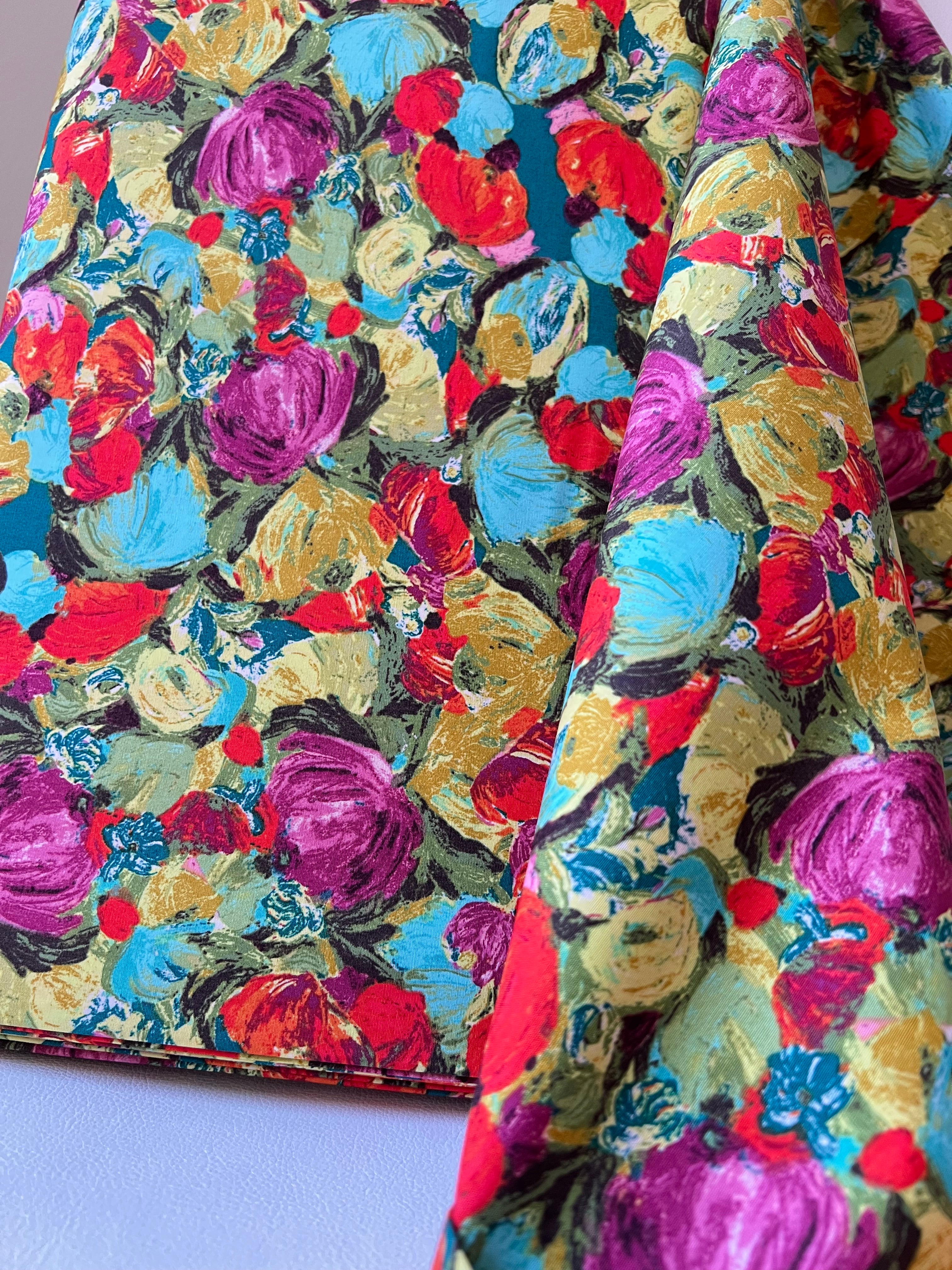 Turquoise, Red, Orchid, Chartreuse Abstract Floral Print Cotton Fabric- “Cactus Flora Berry