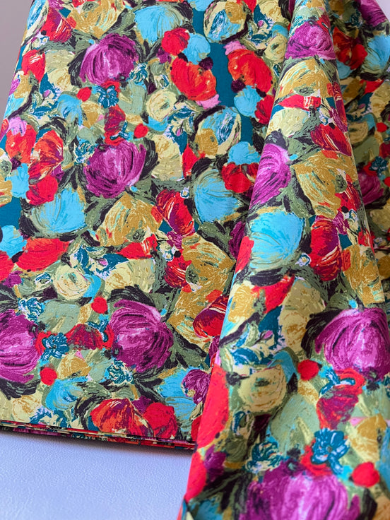 Turquoise, Red, Orchid, Chartreuse Abstract Floral Print Cotton Fabric- “Cactus Flora Berry"- Art Gallery- AGF- 44"