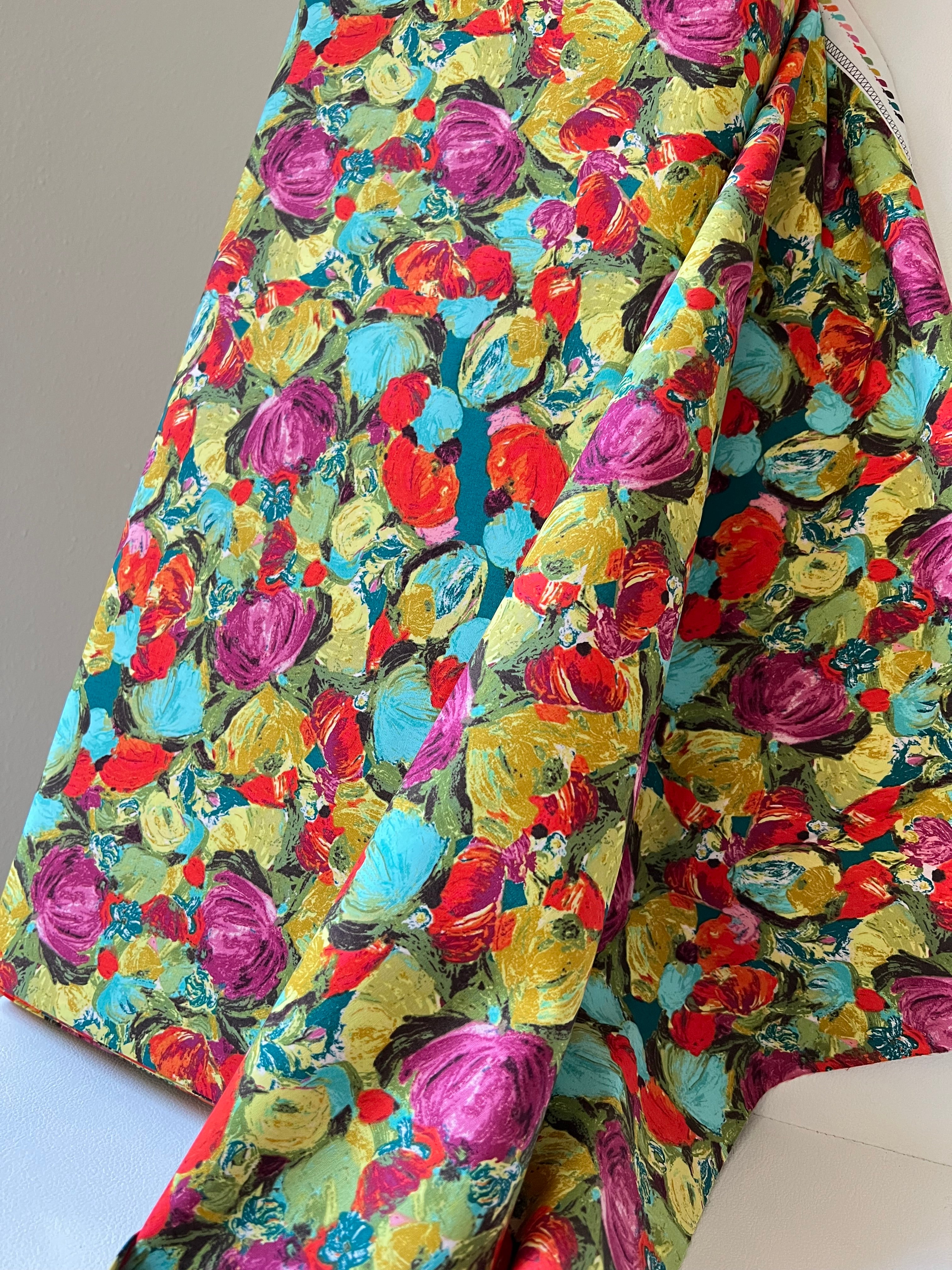 Turquoise, Red, Orchid, Chartreuse Abstract Floral Print Cotton Fabric- “Cactus Flora Berry