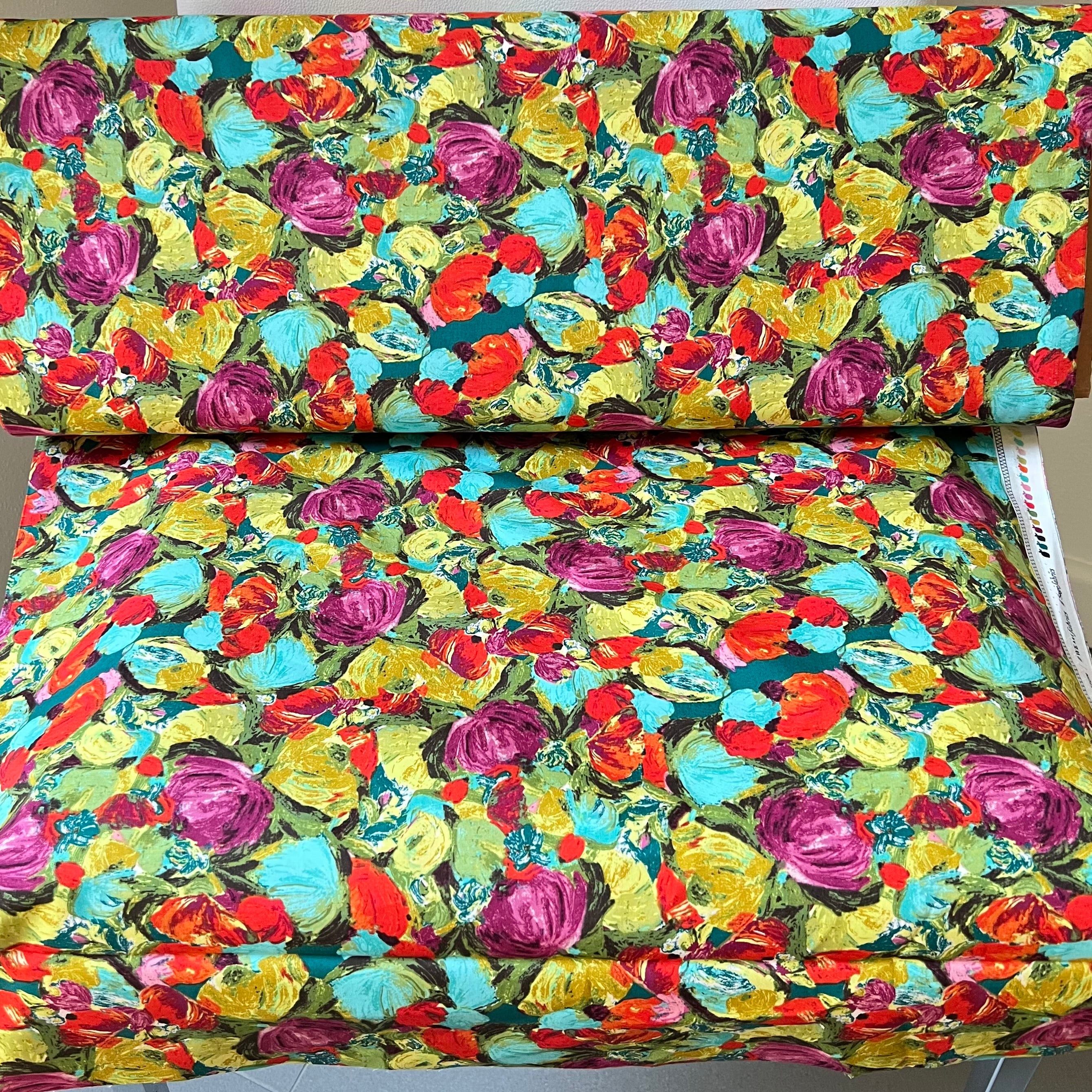 Turquoise, Red, Orchid, Chartreuse Abstract Floral Print Cotton Fabric- “Cactus Flora Berry