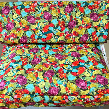 Turquoise, Red, Orchid, Chartreuse Abstract Floral Print Cotton Fabric- “Cactus Flora Berry"- Art Gallery- AGF- 44"