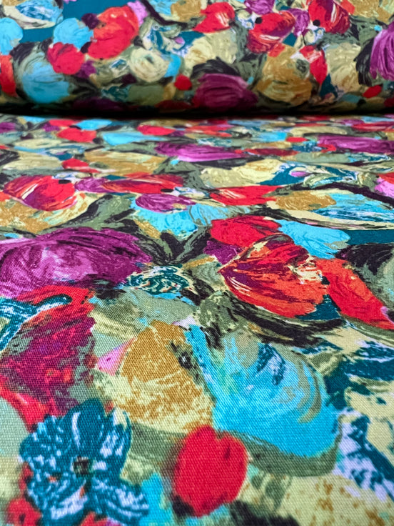 Turquoise, Red, Orchid, Chartreuse Abstract Floral Print Cotton Fabric- “Cactus Flora Berry"- Art Gallery- AGF- 44"