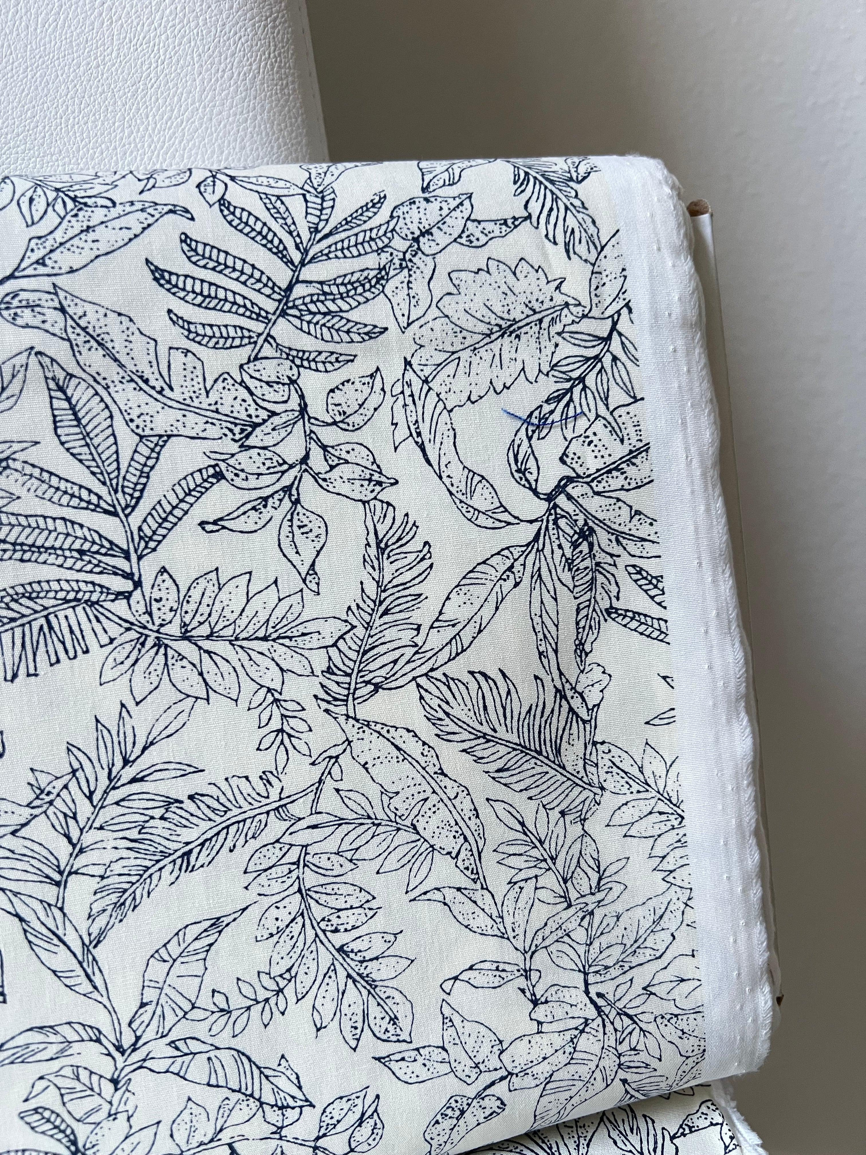 Dark Navy on Light Ivory Cotton Poplin- 44” Wide- “Island Paradise”- Tropical Print