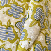 Periwinkle, White and Chartreuse Floral on Light Beige- Cotton Slub Fabric- 44