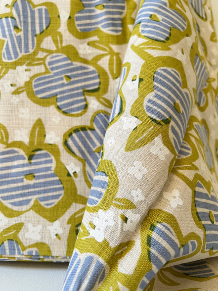 Periwinkle, White and Chartreuse Floral on Light Beige- Cotton Slub Fabric- 44"