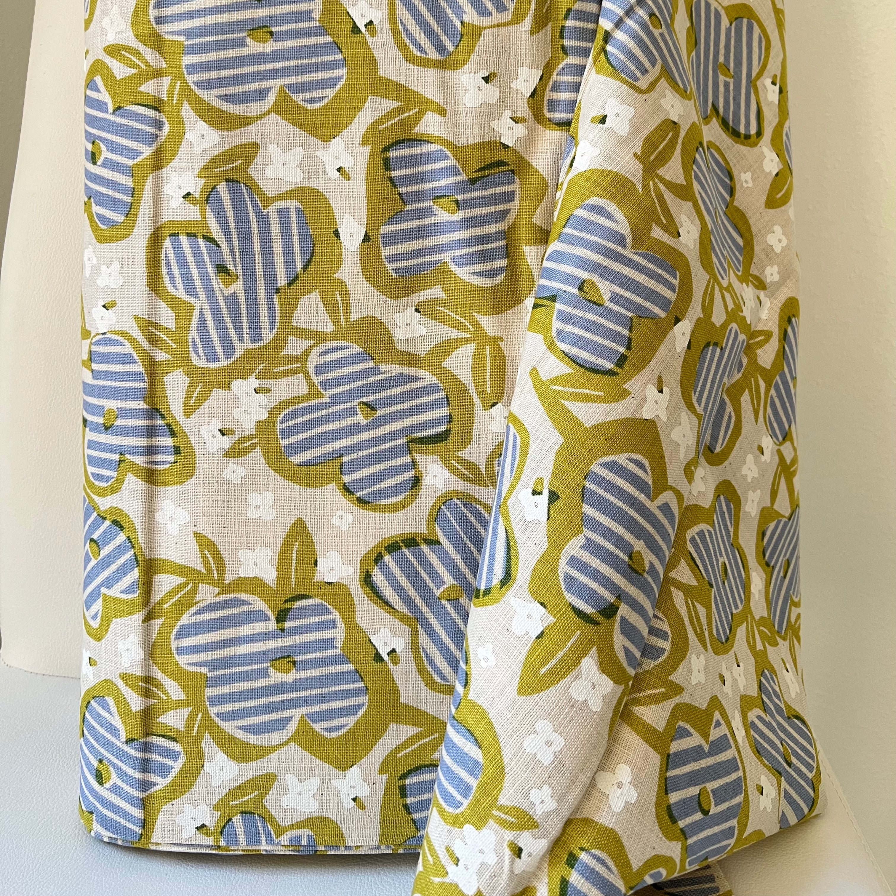 Periwinkle, White and Chartreuse Floral on Light Beige- Cotton Slub Fabric- 44
